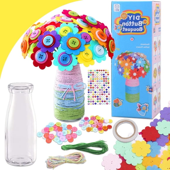DEBGFS Flower Craft Kit for Kids Colorful Buttons and Felt Flower Kit Vase Arts Toy Craft Project for Girls and Boys Fun DIY Activity Gift for Children Ages 4 5 6 7 8 9 Years Old Birthday Xmas Gift