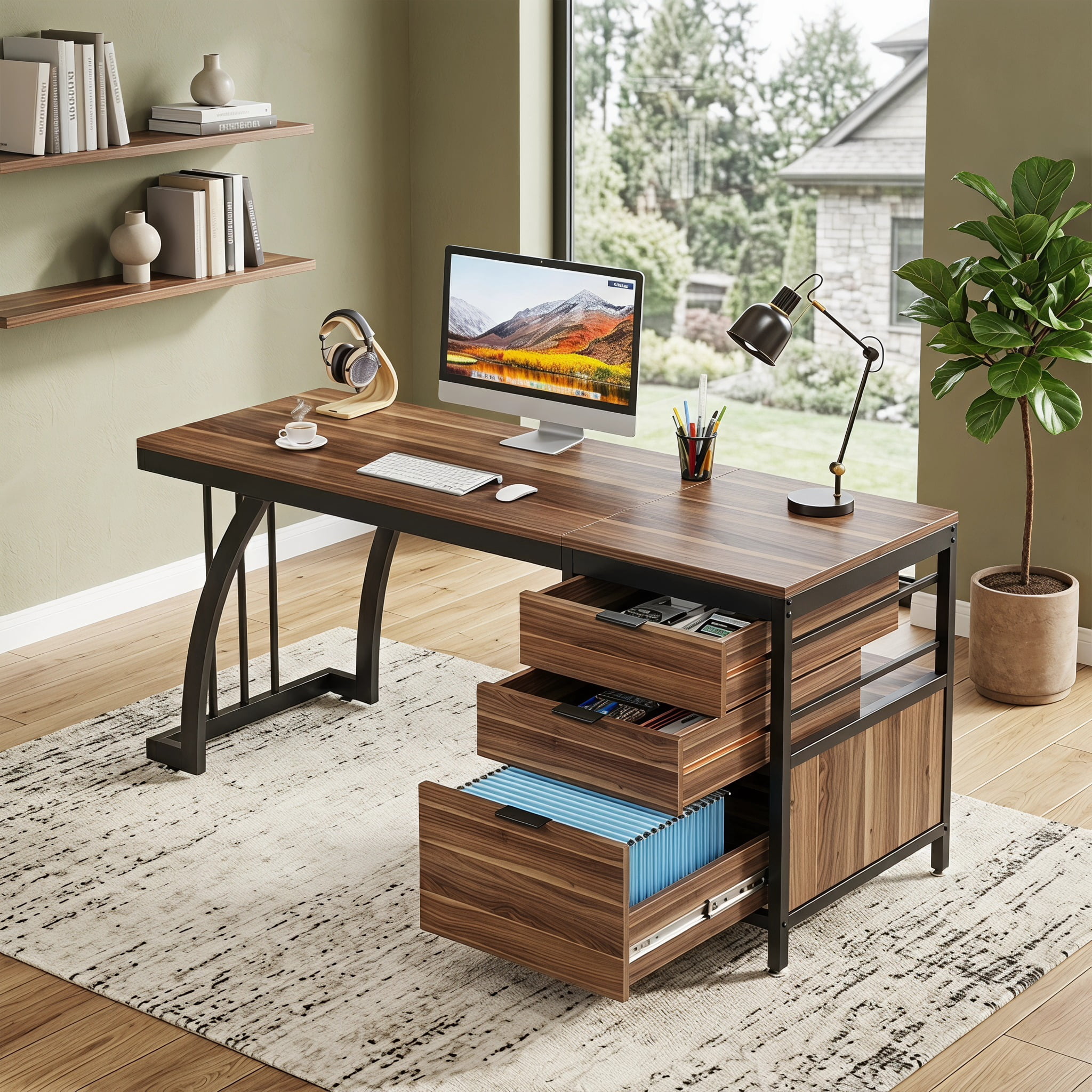 Fnova 59'' Computer Desk, Home Office Writing Table with 3 Reversible ...