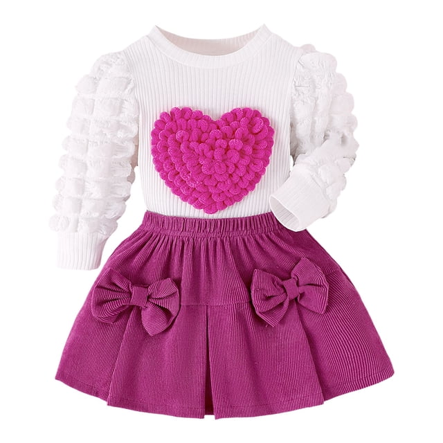 Sunnyoo Girls Outfits Heart Print Long Sleeve Pullover Top & Pleated Two Piece Set