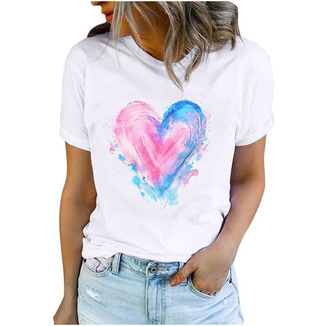 Diufon Hauts de la Saint-Valentin pour Femmes Décontractés Tendance T-Shirt à Manches Courtes Col Ras du Cou Mignon à Imprimé Graphique Chandail Blouse
