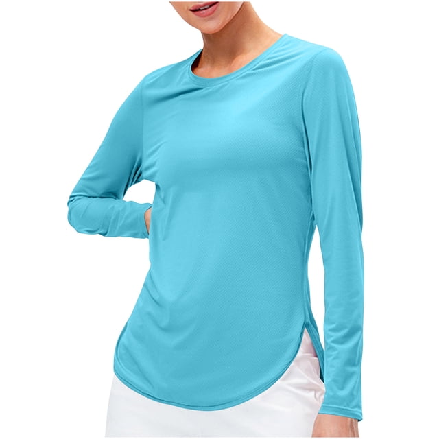 Mceream 2025 Chandails de Soleil à Manches Longues pour Femmes Protection Uv Hauts d'Entraînement Légers Golf Gym Randonnée Chandails Vêtements d'Extérieur Athlétique Col Rond Yoga Hauts Décontractés T-Shirt Uni Vêtements Grande Taille Bleu P