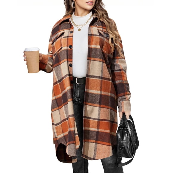 Plus Size Womens Plaid Shacket Jacket Long Flannel Shirt Casual Lapel Button Down Trench Coats Long Sleeve Plaid Coat Pockets