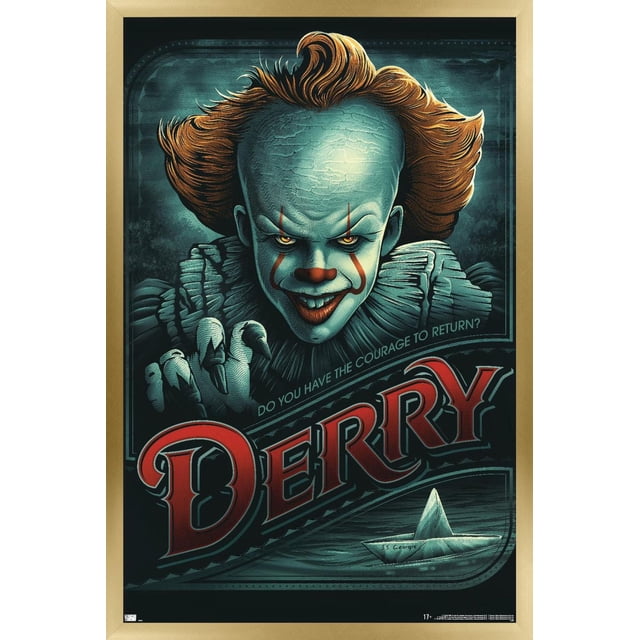 IT - Pennywise Derry Affiche Murale, 14,725 Pouces x 22,375 Pouces Encadrée, Représentant Pennywise aux Cheveux orange et à la Peau Bleu Fissurée, Mains Griffées Tendant vers l'Avant. l'Arrière-plan Sombre Comprend le Texte « Avez-Vous le courage de Revenir? » Au‐dessus du Grand Lettrage Rouge « Derry » et d'Un Bateau en Papier Étiqueté « S.S. Georgie. » l'Affiche a un Cadre en Bois Clair et une Finition satin