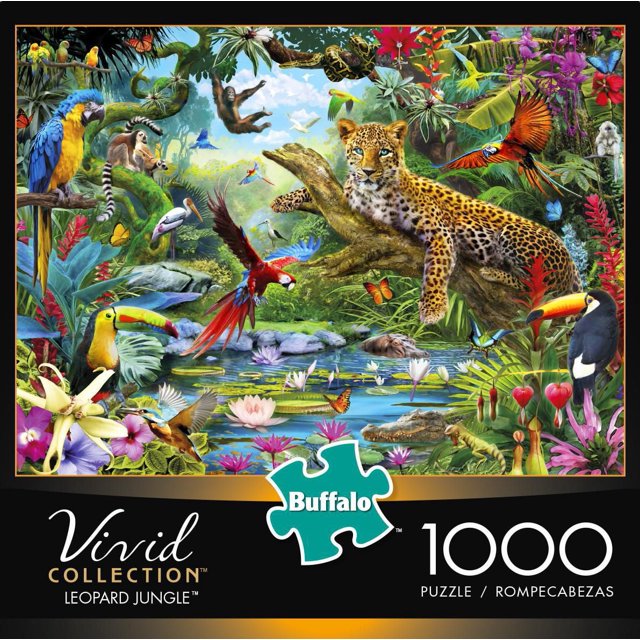 Buffalo Games Vivid Jungle Léopard Casse-Tête de 1000 Pcs Représentant une Scène de Jungle Vibrante avec un Léopard Se Reposant sur une Branche d'Arbre Entouré d'Oiseaux Tropicaux Incluant des toucans, des Aras et des Perroquets, des Papillons, des Singes, et un Feuillage Luxuriant Autour d'Un Étang avec des Nénuphars et d'Autres Animaux Sauvages, Convient aux Amateurs de Casse-Têtes Détaillés.