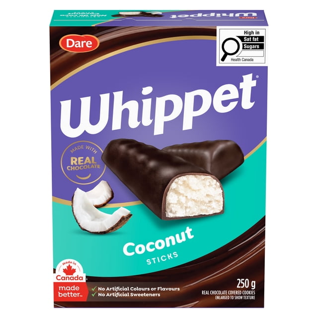 Whippet Coconut Sticks by Dare, a 250 g box of real chocolate-covered coconut sticks made without artificial colours, flavours, or sweeteners, showing two chocolate sticks with one cut open to reveal the coconut filling and a coconut piece nearby, marked high in saturated fat and sugars by Health Canada, suitable for a midday snack or after-dinner treat.