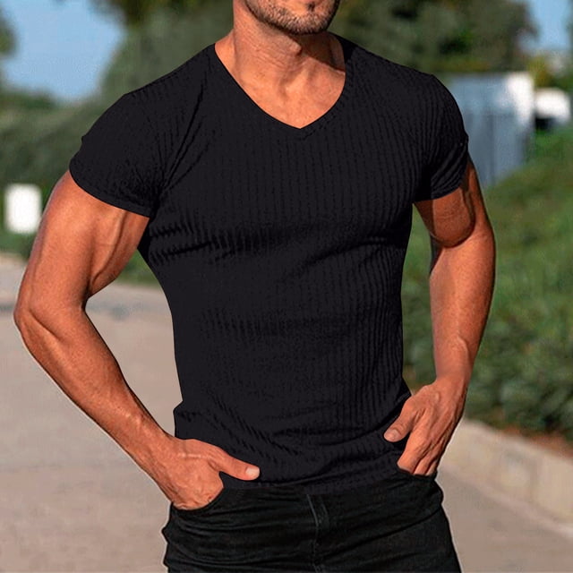 Haut Décontracté pour Homme à Manches Courtes, Mode, Couleur Unie, Ajusté, Col en V, Manches Courtes