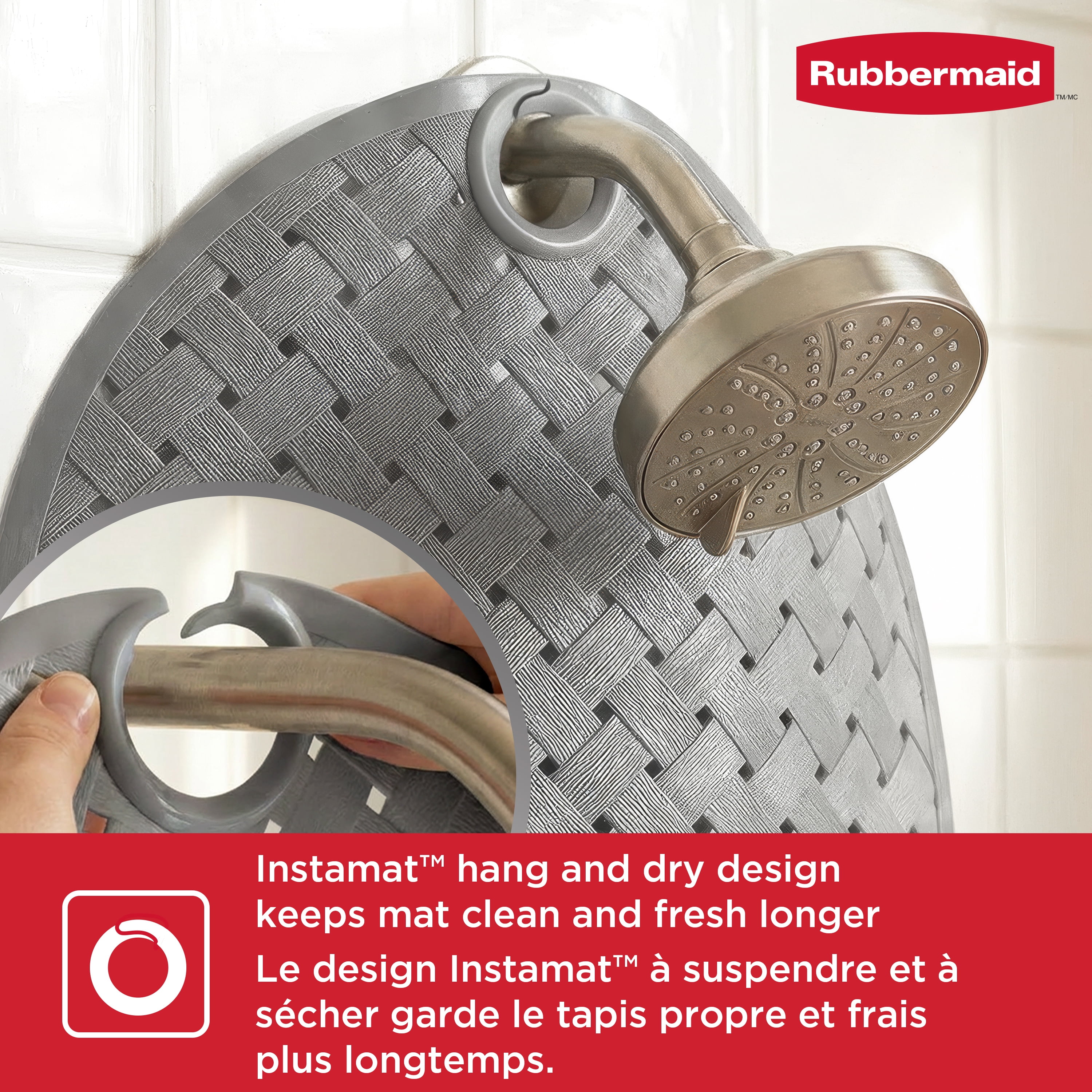Tapis de baignoire et de douche Instamat Rubbermaid, antidérapant, se suspend à la pomme de douche pour un séchage rapide, 69 x 39 cm, gris clair