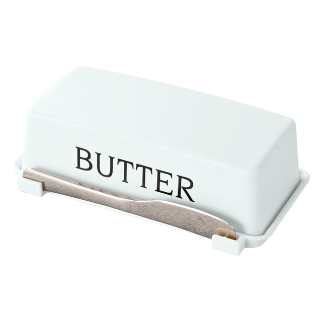 Classic Kitchen Accessories butter dish with lid, designed for countertop use. Features a white rectangular butter container with 'BUTTER' printed in bold black letters. Includes a stainless steel butter spatula stored in a groove on the base. The lid doubles as a cutting board and protects butter from dust and contaminants. Versatile serveware suitable for storing butter, spices, cheese, or crackers, enhancing kitchen decor.