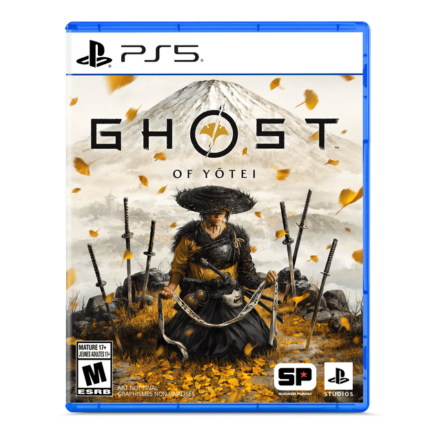 Ghost of Yōtei PS5 game cover Mettant en Vedette un Guerrier à Genoux sur des Feuilles d'Automne Jaunes Entouré de six Épées Plantées dans le Sol, avec le Mont Yōtei Enneigé et un Paysage Brumeux en Arrière-Plan et des Feuilles Dorées Qui Tombent.