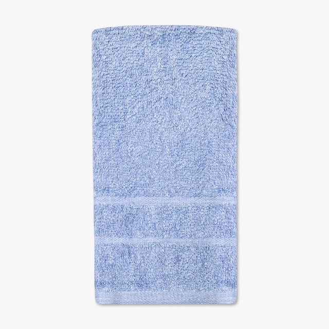 Mainstays Solid Hand Towel in light blue, 14 by 25 inches, crafted from a cotton/polyester blend with looped texture and two horizontal bands near the bottom edge, designed for durable, absorbent everyday bathroom use and quick drying, also ideal for gym or spa settings.