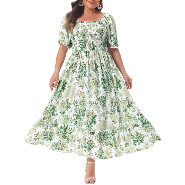 GRACE & GRANDEUR Robe Maxi Bohème à Fleurs pour Femme Grande Taille à Manches Courtes, Encolure Carrée, Smockée 3X Vert
