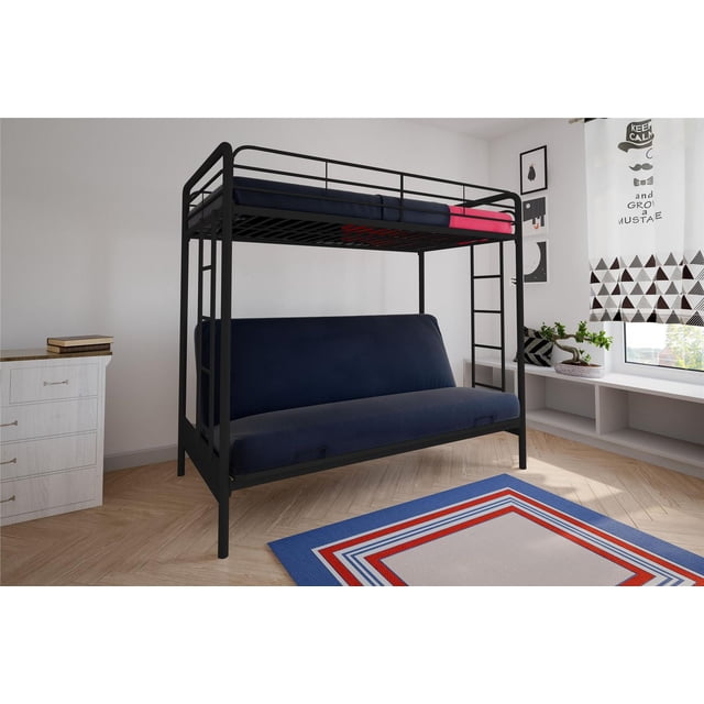 DHP Sammie Twin over Futon Metal Bunk Bed in black with navy blue futon mattress on the bottom and twin mattress on top, featuring a sturdy metal frame with guardrails and integrated ladder, ideal for space-saving in kids' rooms, shown in a bright room with light wood flooring, white dresser, and window with patterned curtains.