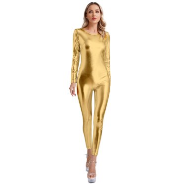 zdhoor Justaucorps Complets pour Femmes Métallique Brillant Unitard Fermeture Éclair Dos Style Mouillé Costume de Fête Or TTG