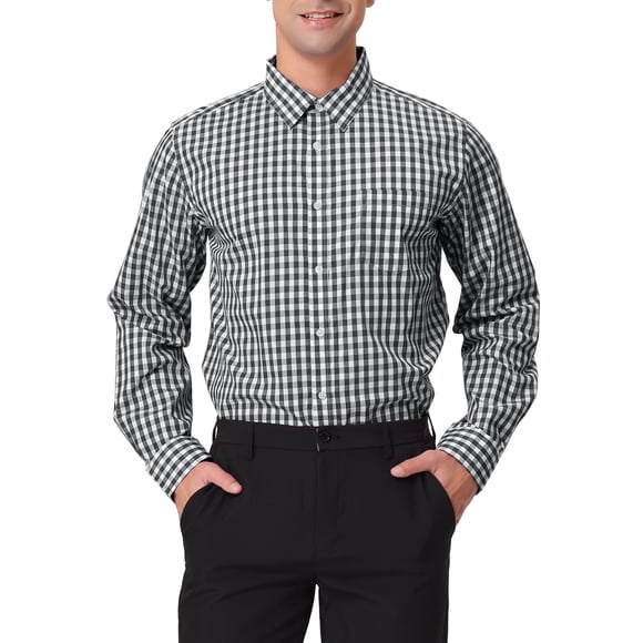 INSPIRE CHIC Men's Shirts Plaid Long Sleeve Button-Down 100% Cotton Dress Shirt M Black White