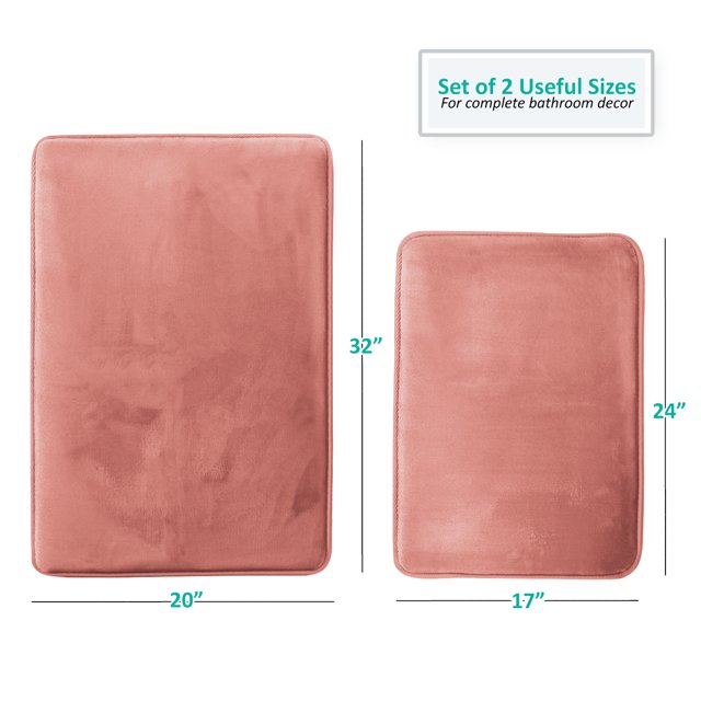 Set of 2 Large Clara Clark Bath Mat Bathroom Rug - Absorbent Memory Foam Bath Rugs - Non-Slip, Cozy Velvet Feel Microfiber Bathrug, Plush Shower, Toilet- Floor Bathmats Carpet - Misty Rose - 20"x32"