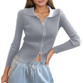 thumbnail image 1 of Women's Double Zip Ribbed Knit Cardigan - Tight-Fitting Crop Top with Collar - Modern Design - Soft Textured Fabric - One Size Fits Most, 1 of 3