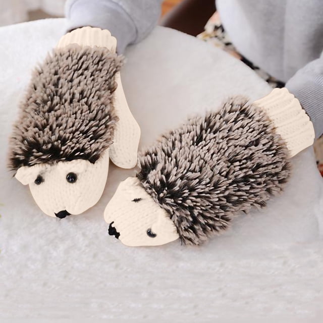 XZNGL Cartoon Hedgehog Wool Double Layer Thermal Insulation with Finger Weave Gloves