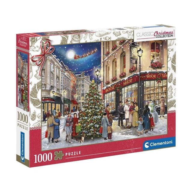 Clementoni 1000 piece Puzzle Christmas Stroll Made in Italy depicting a vintage festive street scene with a decorated Christmas tree, shoppers in period winter clothing, a snowman, and a bookshop adorned with holiday wreaths and lights under a moonlit sky featuring Santa's sleigh, suitable for jigsaw puzzle enthusiasts seeking classic holiday imagery.