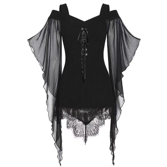 Sexy Goth Clothes For Women Mesh Butterfly Trumpet Sleeve Shirts Vintage Cold Shoulder Blouse Halloween Costumes