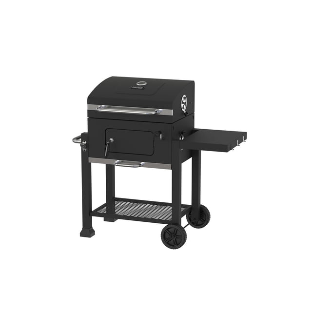 Expert Grill Heavy Duty 24” Charcoal Grill in black powder-coated finish with 372 sq. in. cast iron cooking grates, foldable side shelf with hooks, charcoal access door, adjustable charcoal pan, built-in lid thermometer, warming rack, two wheels for easy mobility, and lower mesh storage shelf, suitable for backyard barbecues.