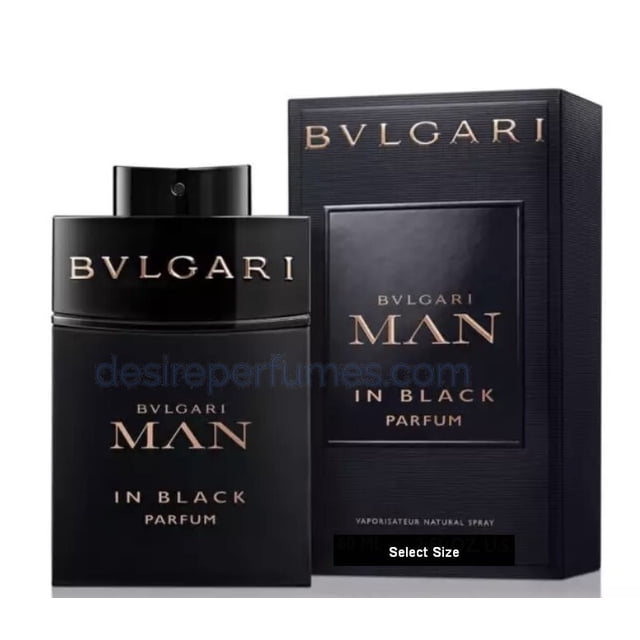 Bvlgari Man in Black 100ML Parfum for men, featuring a sleek black bottle with rose gold accents, displayed alongside its matching black and rose gold packaging. This oriental woody fragrance includes top notes of spices and elemi, middle notes of tuberose and iris, and base notes of Siam benzoin and dark woodsy tones.