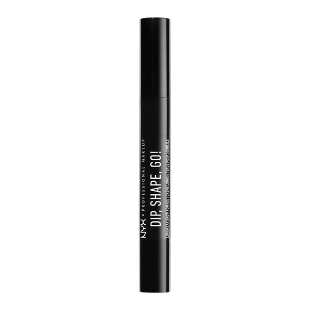 NYX Professional Makeup Dip, Shape, Go! Longwear Brow Pomade in a black dual-ended tube with white text, featuring a precision angled brush and spoolie for shaping and setting waterproof, long-lasting eyebrows, ideal for precise eyebrow grooming.