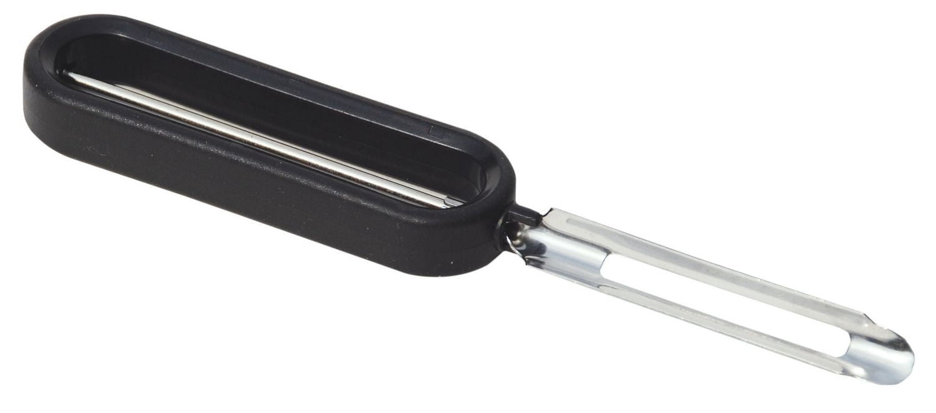 MAINSTAYS™ Peeler with Handler, Stainless Steel Swivel Blades, End of Blade Removes Blemishes, Soft & Flexible Non-Slip Handle, Sturdy, Blade Sharpened on Both Side, For Left or Right-Handed Use