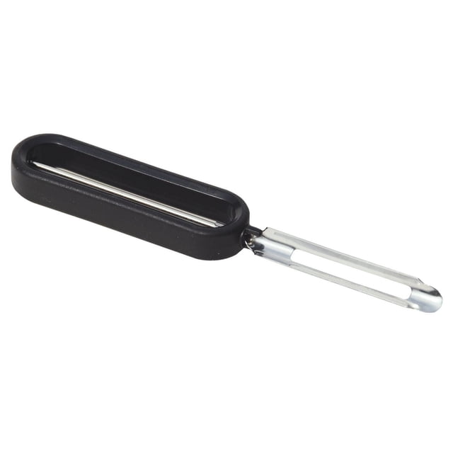 MAINSTAYS™ Peeler avec Poignée avec Poignée Noire Souple, flexible Antidérapante et Lame Pivotante en Acier Inoxydable Affûtée des Deux Côtés pour Usage pour Gaucher Ou Droitier, avec une Pointe de Lame d'Extrémité pour Enlever les Imperfections des fruits et Légumes, Convient pour Éplucher des Produits, du Chocolat, des Pelures d'Agrumes Ou du Fromage.