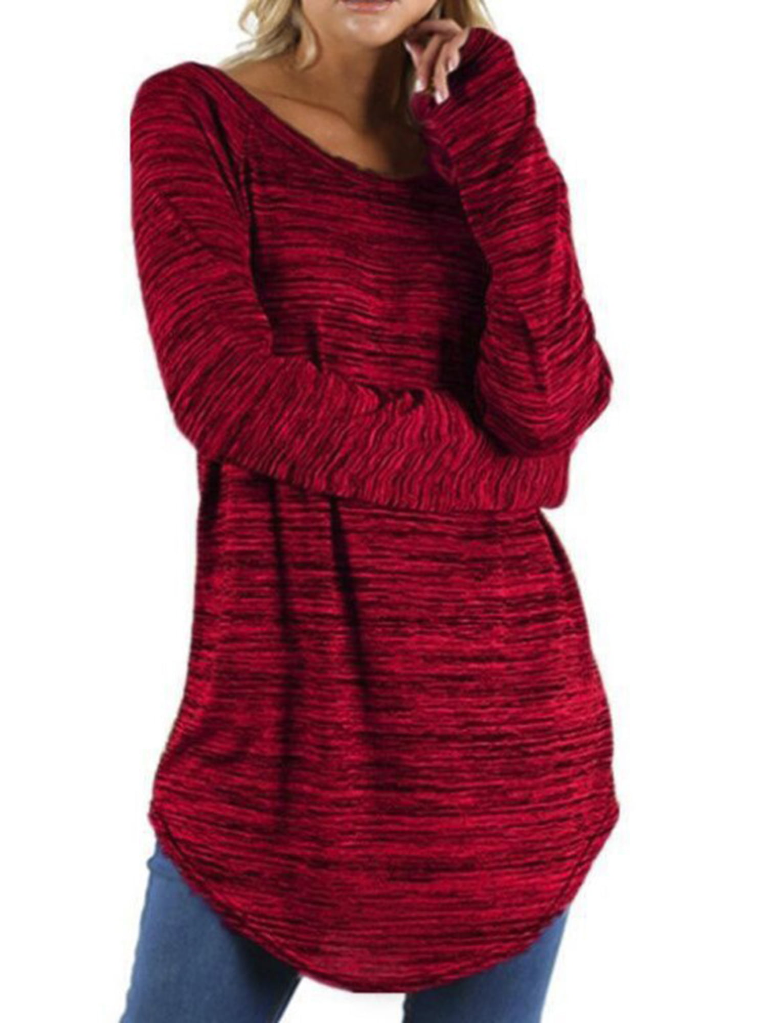 LUXUR T-shirt pour Femmes, T-shirt Uni, T-shirt à Rayures, Hauts Unis, Chandail à Manches Longues, Rouge, P