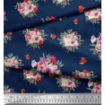 thumbnail image 2 of Soimoi Tissu Satin Modal Bleu Imprimé Feuilles d'Épices & Roses Floral au Mètre 42 Pouces de Large, 2 of 3