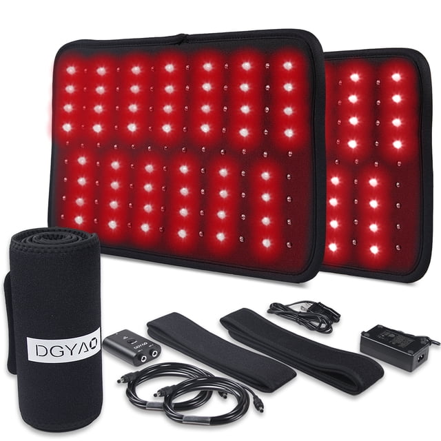 DGYAO Red Light Infrared Light Belt Pad Flexible Wearable Wrap for Waist Back Shoulder Joints Muscle. This wrap features 117 red and infrared LEDs (880 nm) for soothing warmth and deep muscle relaxation. It includes adjustable straps for a secure, hands-free fit on areas like the back, neck, or hips. The dual-light system targets surface relaxation and deeper muscle tension relief, improving joint flexibility. Accessories include a rolled strap, power adapter, and control unit with customizable timers and auto shut-off for 20-minute cycles.