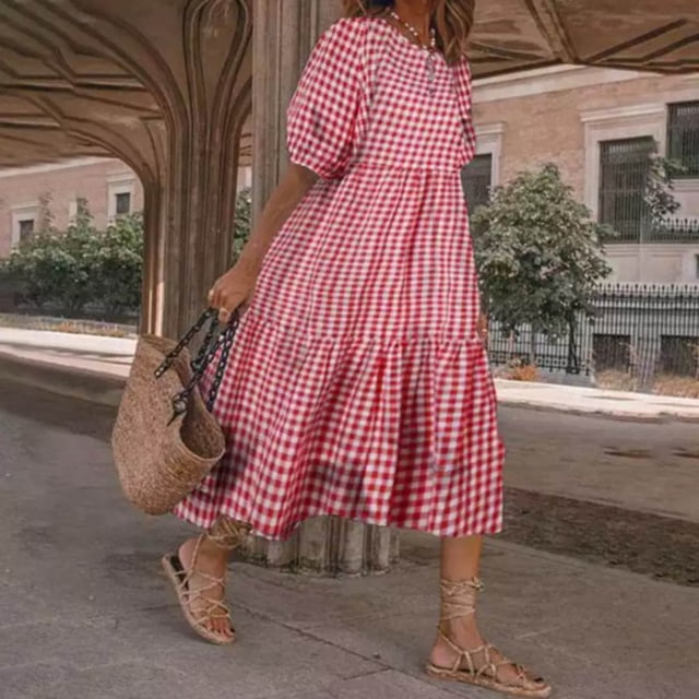 SMihono Robes Bohèmes d'Été Femmes Grande Taille Mode Femmes Manches Courtes Col 0 Été Décontracté Ample Grande Taille Robe à Carreaux