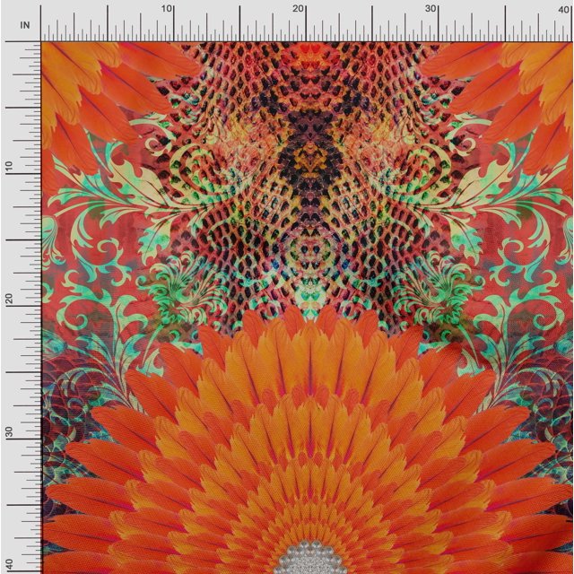 Soimoi Silk Fabric Floral & Feather Panel Printed Fabric 1 Yard 42 Inch Wide