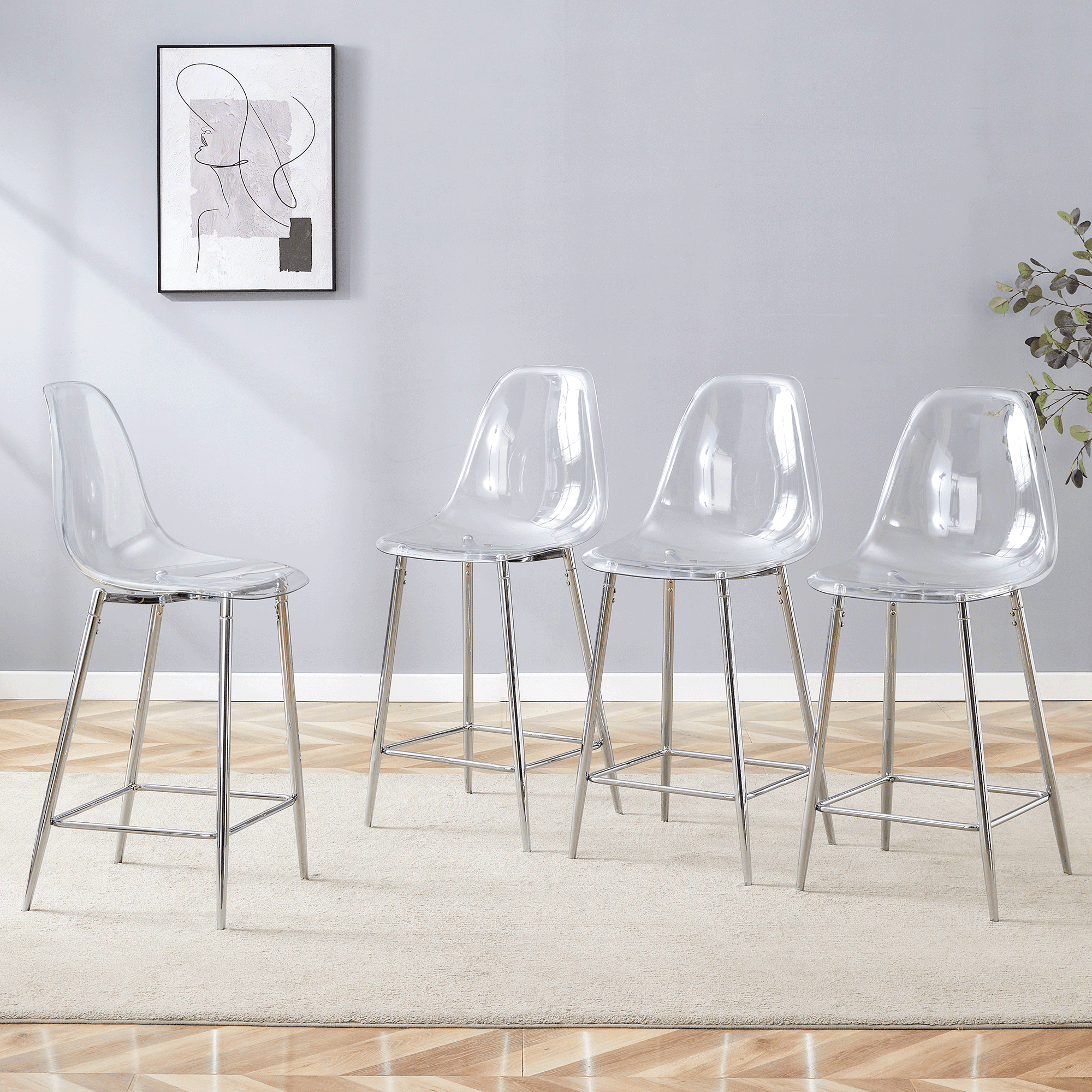 Noble House Modern Minimalist Bar Stool Set of 4,Integrated Backrest,Silver
