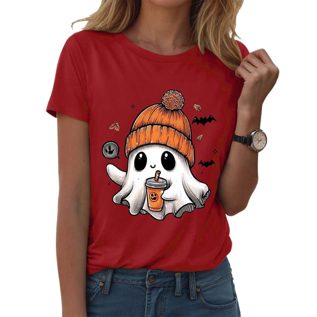 T-shirt Graphique à Manches Courtes d'Halloween pour Femmes Col Rond Décontracté pour Tenue de Fête d'Été avec Jeans
