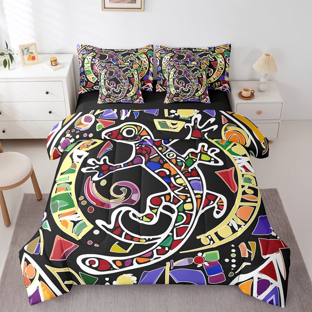 Exotic Lizard Comforter Set 7 Piece Bed in a Bag Twin,Abstract Chameleon Bedding Set Wildlife Creature Sheet Set with Comforter,Wild Reptile Bed Set