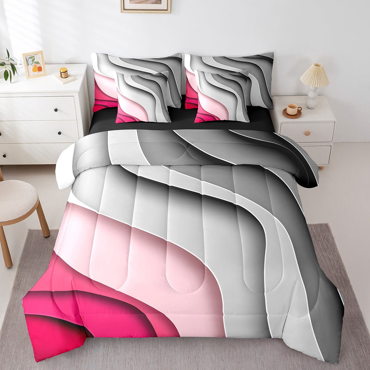 YST Grey Hot Pink Gradient 7-Piece Comforter Set, Full Size, Geometric Stripe, Ombre Bedding Accessories