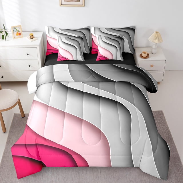 YST Grey Hot Pink Gradient 7-Piece Comforter Set in full size, featuring a geometric stripe and ombre bedding design. The set includes a comforter, flat sheet, fitted sheet, two pillowcases, and two throw pillow covers. The bedding showcases a modern abstract watercolor pattern with grey, white, and hot pink tones, creating a sophisticated and artistic look. Displayed in a bright bedroom setting with white furniture and a neutral rug.