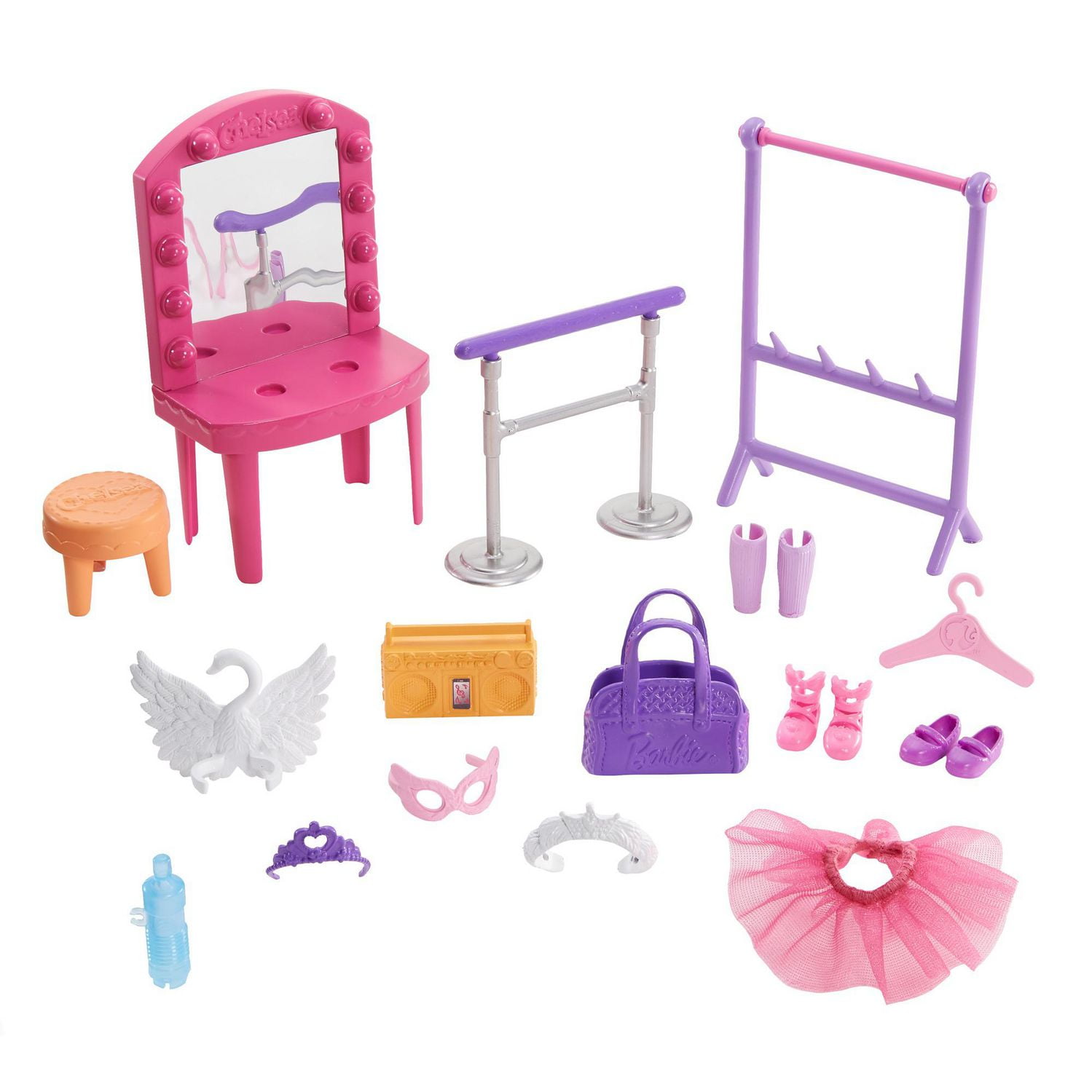 Coffret​ Barbie Club Chelsea version danse classique avec poupée Chelsea brune de 15 cm, scène modulable et accessoires dont une barre de danse et une tenue, cadeau pour enfants de 3 à 7 ans