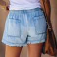 thumbnail image 4 of LLYWEY Womens Jeans Shorts, Ladies Ribbed Distressed Denim Shorts, Drawstring Elastic Waist Women Cut Off Jeans with Pockets, Style ST-22, Light Blue, XS, 4 of 6