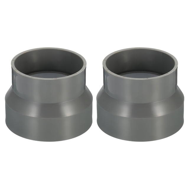 Unique Bargains 4' to 3.5' duct reducer connector ventilation tube increaser adapter in grey, set of two. Made of durable PP material, these connectors are lightweight, waterproof, fire-resistant, and wear-resistant. Ideal for connecting pipes of different diameters in duct transitions for seamless ventilation systems in homes, offices, kitchens, factories, or apartments. Easy to install with inner diameters of 110 mm and 90 mm.