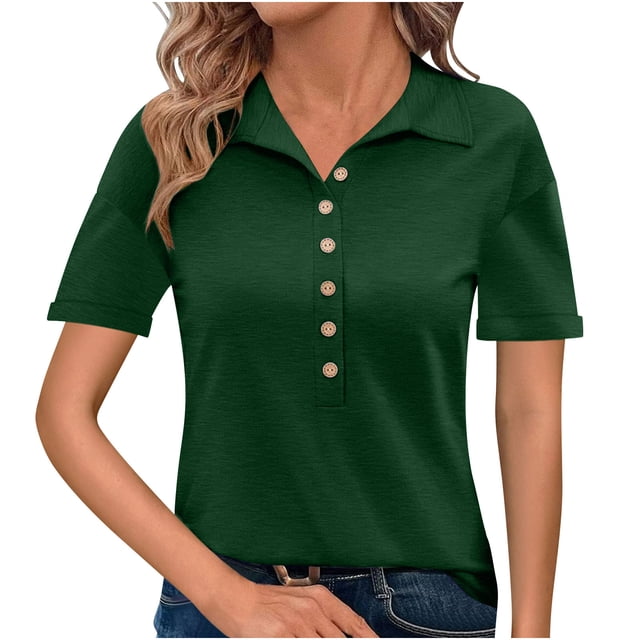Besolor Womens Short Sleeve T Shirts Business Casual Collared Button up Tops Summer Office Work Blouses Tees