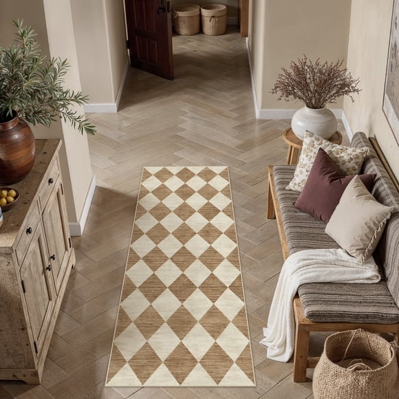 BERTHMEER 2'x6' Rhombus Checkered Runner Rugs for Hallway Entryway Bathroom Bedroom Kitchen Non Slip Washable Geometric Modern Contemporary Runner Rugs, Brown