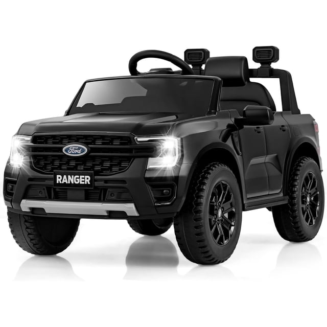 Licensed Ford Ranger Ride on Car for Kids by OLAKIDS in black, a 12V electric vehicle featuring a realistic design with LED headlights, steering wheel, and foot pedal. Includes dual driving modes with parental remote control and manual operation. Equipped with wear-resistant wheels, suspension system, and seat belts for safety. Features multimedia options like Bluetooth, USB, and MP3, along with a 5.5 lbs storage space behind the seat. Suitable for children aged 3-6 years, with a weight capacity of 66 lbs.