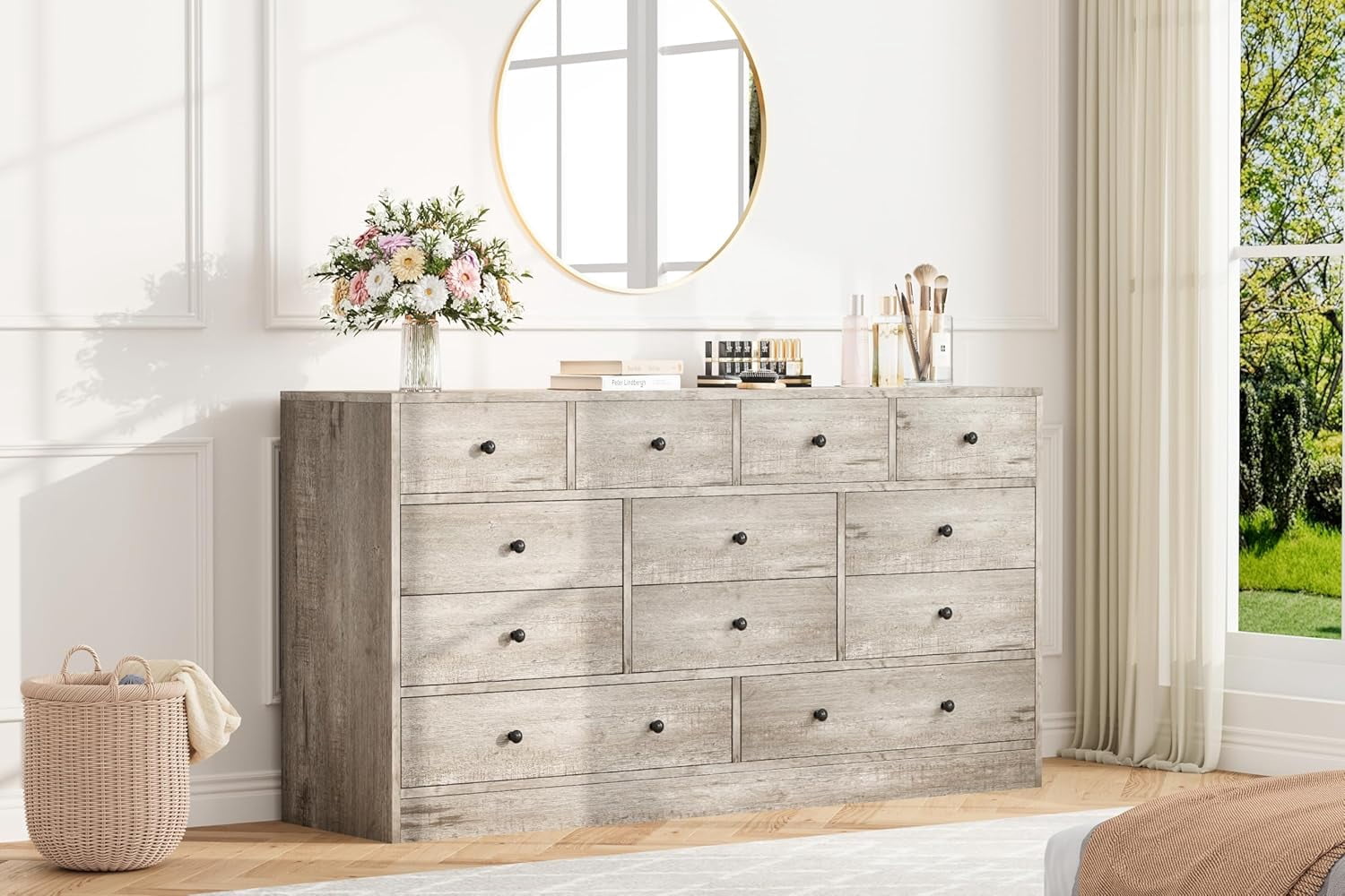 12 Drawer Dresser for Bedroom, 61 in Long Modern Grey Dresser TV Stand with Charging Station, Large Wooden Chest Od Drawers for Nursery, Closet, Living Room