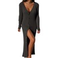 thumbnail image 2 of Womens Deep V Neck Button Down Long Knit Sweater Dress Bodycon Long Sleeves Sweater Maxi Dress, 2 of 6