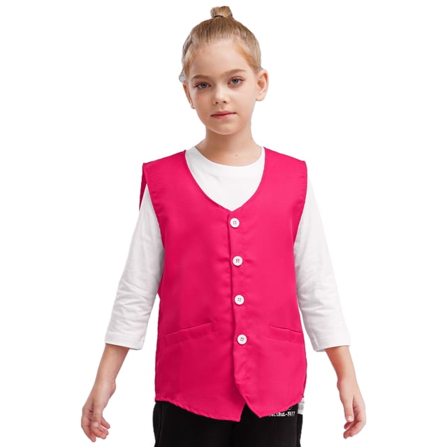 renvena Kids Button Volunteer Activity Vest Button Up Irregular Hem Waistcoat Sleeveless Waiter Hot Pink S/10