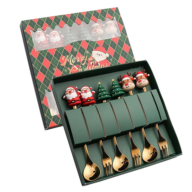 Oleegame 1PC Stainless Steel Cutlery Set Christmas Tableware Set Stainless Steel Spoon Gift Set Dessert Spoon Fork Coffee Spoon Christmas Pendant Spoon Tableware Set Gift