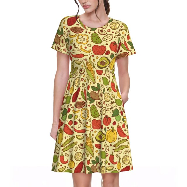 Vsdgher Fruits et Légumes pour Femmes Été 2025 Décontracté Robes Midi Maxi Légères Manches Courtes Col Rond Robe de Plage
