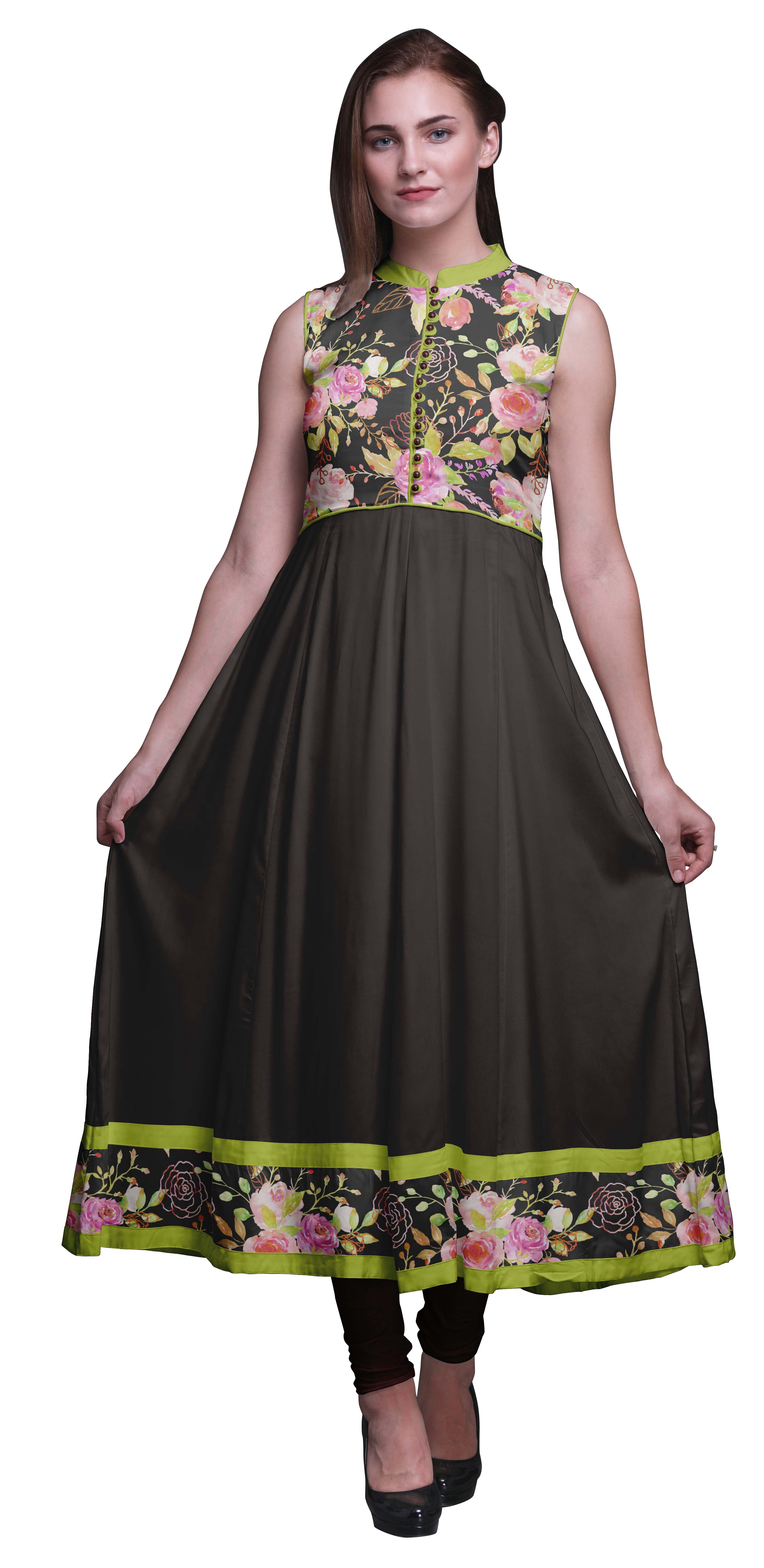 Bimba Kurti Longue Indienne Gris Foncé Aquarelle pour Femmes Tenue de Fête Imprimée Sans Manches Robe Anarkali Kurti XX-Grand